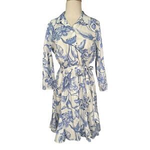 Cynthia Steffe blue white floral cotton dress medium belted classic vacation